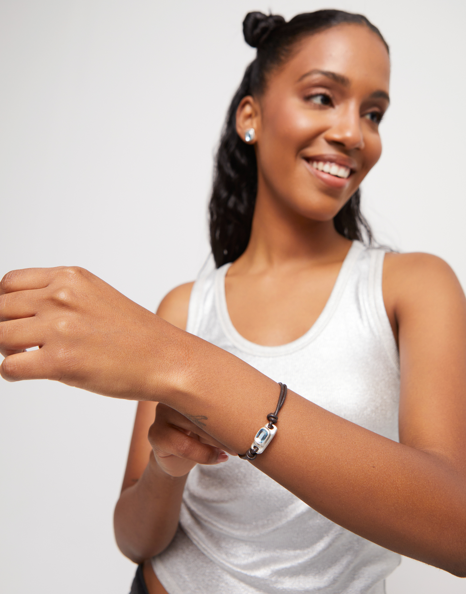Bracciale in cuoio con cristallo, Argent, large thumbnail